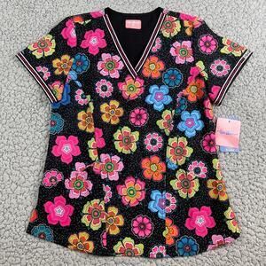 Ava Therese By Zavate Women's Scrub Top S Colorful Floral Short Sleeve